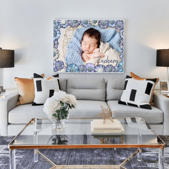 Cute Pastel Blue Daisy Baby Boy Name Photo Nursery Poster (Creator Uploaded)