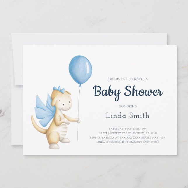 Cute Pastel Blue Dragon Boy Baby Shower Invitation (Front)