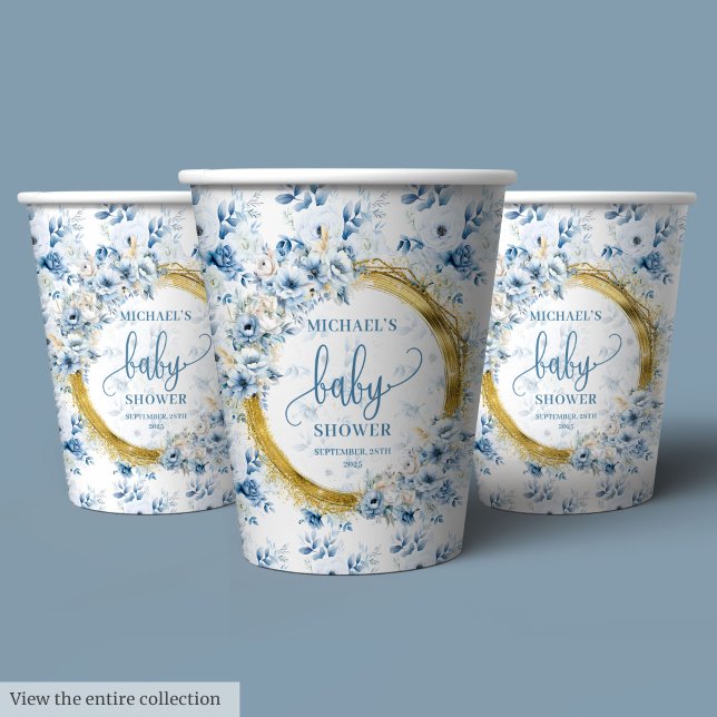 Cute pastel blue flowers gold boho personalised  paper cups (Cute pastel blue flowers gold boho personalized Paper Cups )