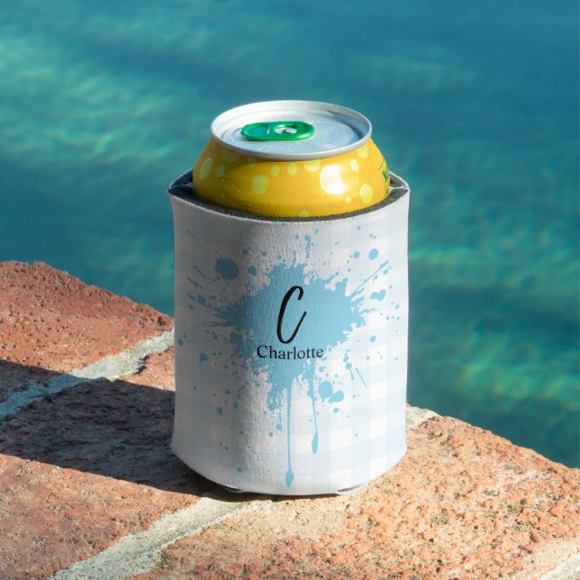 Cute Pastel Blue Gingham Can Cooler (In Situ Pool)