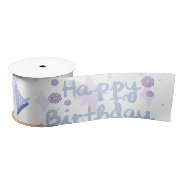 Cute Pastel Blue Happy Birthday Cake Pattern Satin Ribbon (Spool)