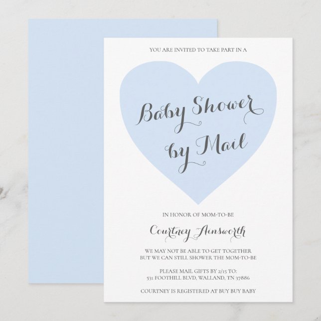 Cute Pastel Blue Heart Boy Baby Shower By Mail Invitation (Front/Back)