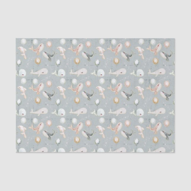 Cute Pastel Blue Pink Grey Whale Dolphin Balloon Tissue Paper (Front)