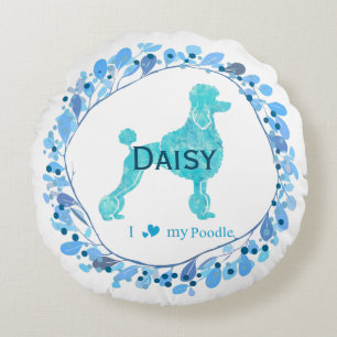 Cute Pastel Blue Poodle   Custom Name & Photo Round Cushion