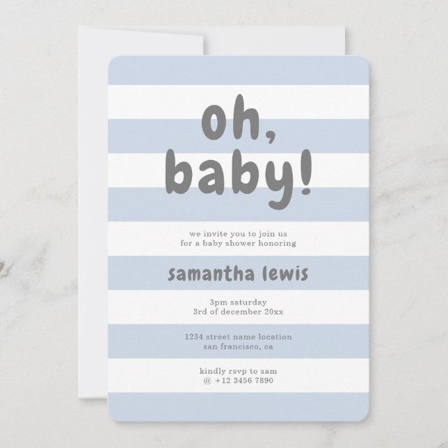 Cute Pastel Blue Stripes Oh Baby Boy Shower Invitation (Front)