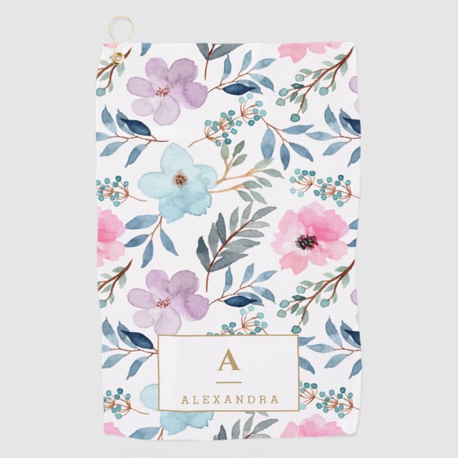 Cute Pastel Blue Watercolor Flowers Monogram  Golf Towel (Front)
