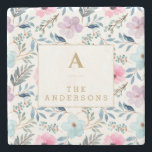 Cute Pastel Blue Watercolor Flowers Monogram   Stone Coaster<br><div class="desc">Cute Pastel Light Blue and Pink Watercolor Flowers Pattern Stone Coaster,  personalised with your monogram and name.</div>