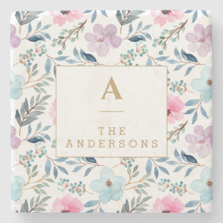 Cute Pastel Blue Watercolor Flowers Monogram Stone Coaster