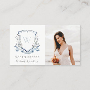 Cute Pastel Blue Wildflower Photo Crest Monogram Business Card