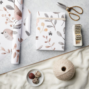 Cute Pastel Blush Grey Tan Boho Bird Leaves Wrapping Paper
