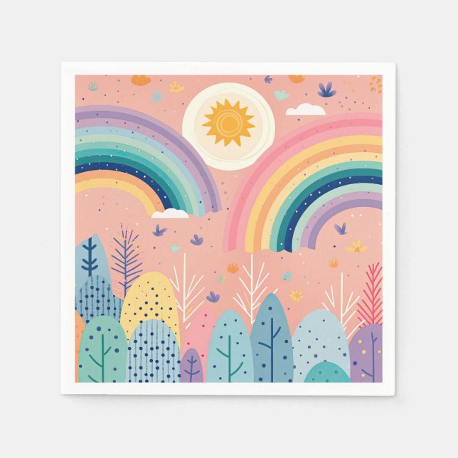 Cute Pastel Boho Rainbow & Sun Above Forest  Napkin (Front)