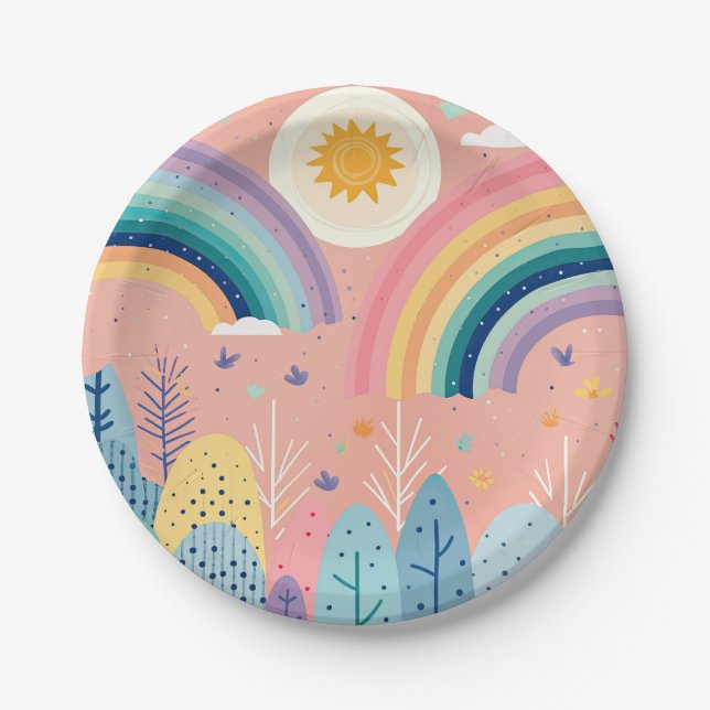 Cute Pastel Boho Rainbow & Sun Above Forest Paper Plate (Front)