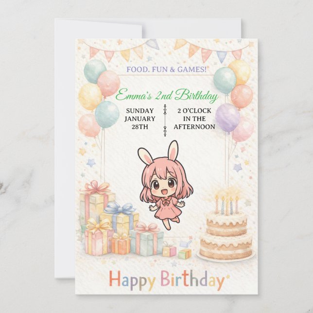 Cute Pastel Bunny Birthday Invitation (Front)