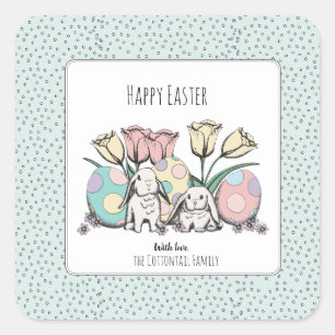 Cute Pastel Bunny Rabbit Happy Easter Family Name Square Sticker