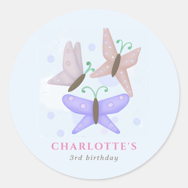 Cute Pastel Butterflies Birthday Party Favour Classic Round Sticker (Front)