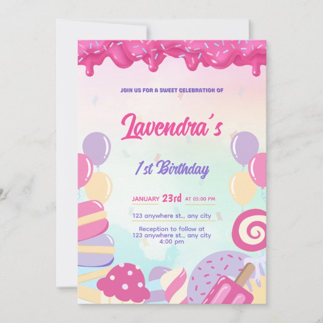 Cute Pastel Candy Birthday Invitation Card (Front)