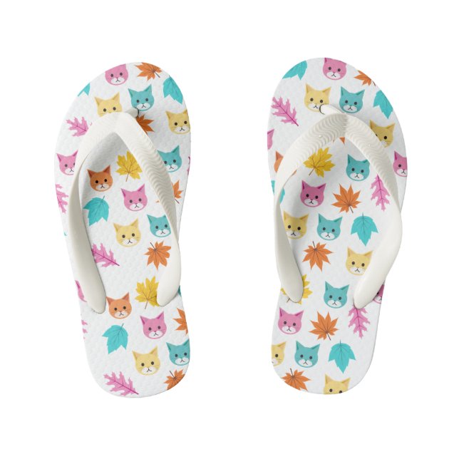 Cute Pastel Cartoon Cats and Leaves Pattern Kid's Thongs (Footbed)