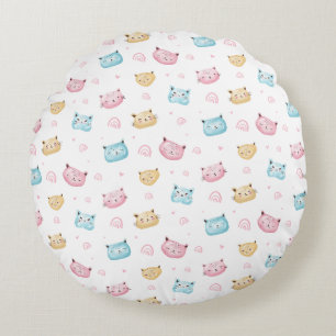 Cute Pastel Cat Faces Pattern Round Cushion