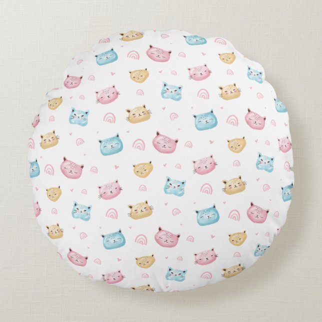 Cute Pastel Cat Faces Pattern Round Cushion (Front)