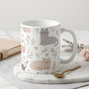 Cute Pastel Cat & Floral Pattern Coffee Mug