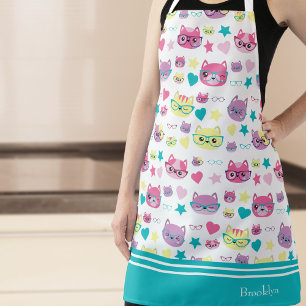 Cute Pastel Cats With Glasses Pattern, Teal Apron