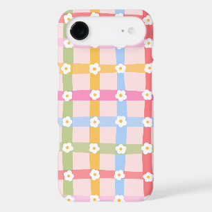 Cute Pastel Checkered Pattern with Daisy Flowers