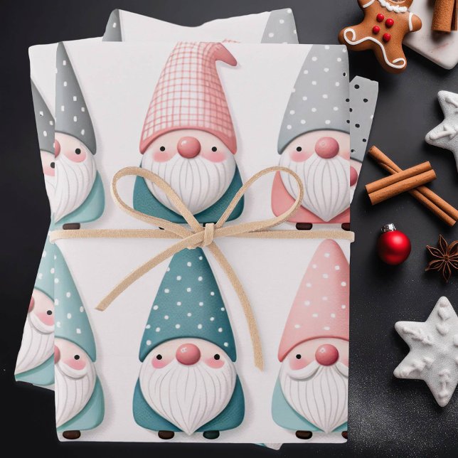 Cute Pastel Christmas Gnomes, Pink Blue Grey Wrapping Paper Sheet (Creator Uploaded)