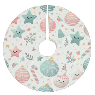 Cute Pastel Christmas Pattern Ornaments and Stars Brushed Polyester Tree Skirt