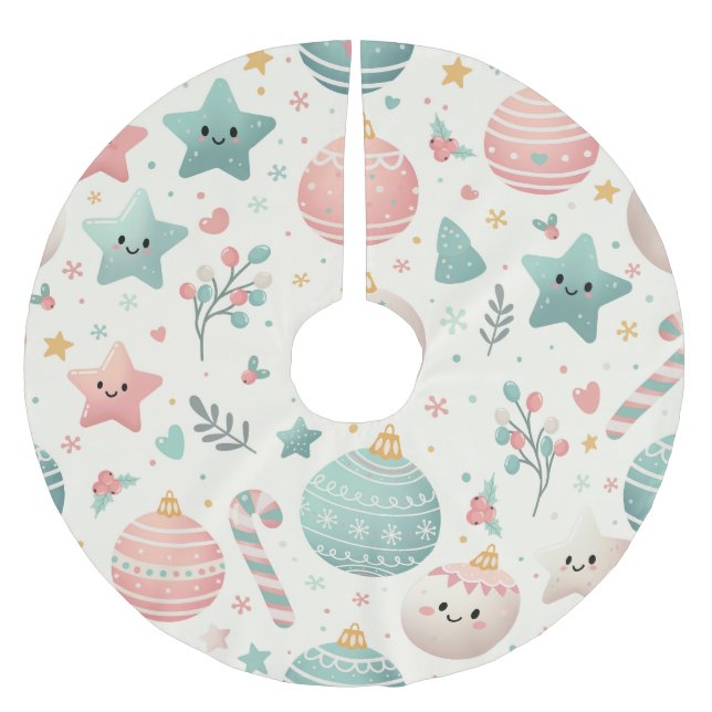 Cute Pastel Christmas Pattern Ornaments and Stars Brushed Polyester Tree Skirt (Front)