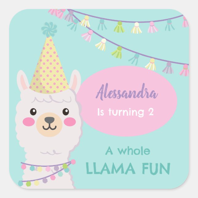 CUTE PASTEL COLOR LLAMA BIRTHDAY SQUARE STICKER (Front)
