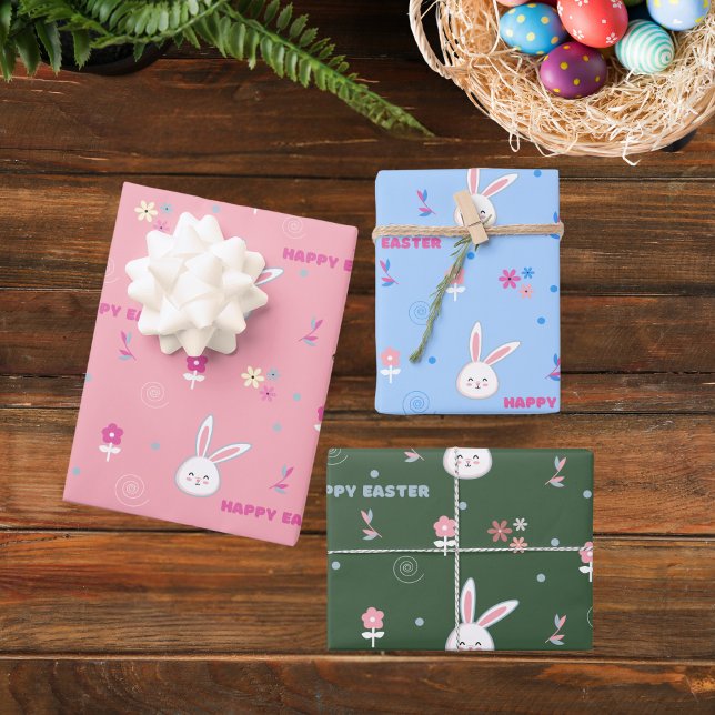 Cute Pastel Colour Easter Bunny Floral  Wrapping Paper Sheet (Creator Uploaded)