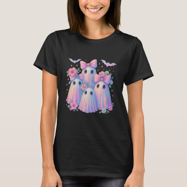 Cute Pastel Coquette Ghosts Pink Bows Flowers T-Shirt (Front)