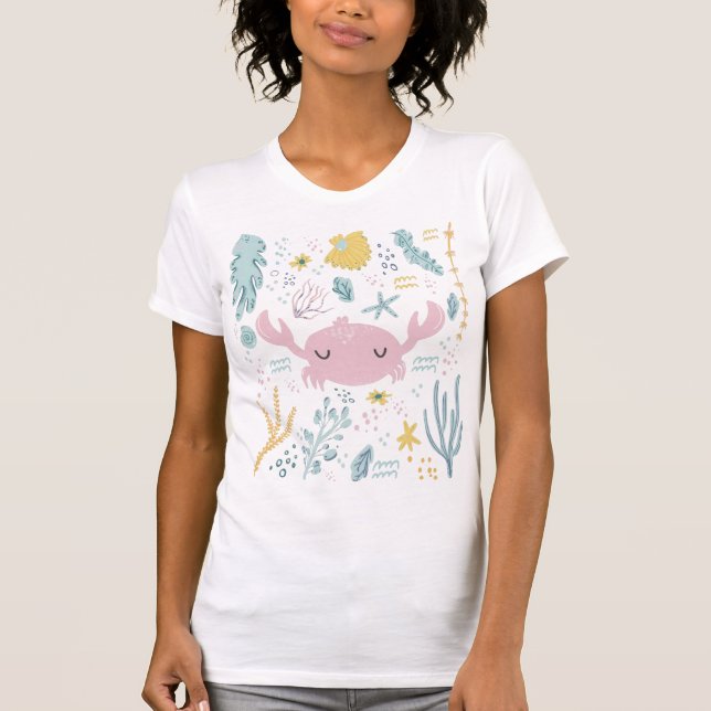 Cute Pastel Crab Underwater Ocean Themed Art T-Shirt (Front)