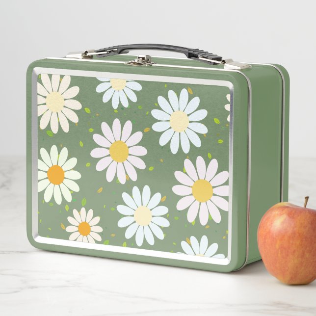 Cute Pastel Daisy Flowers Floral girly  Metal Lunch Box (In Situ)