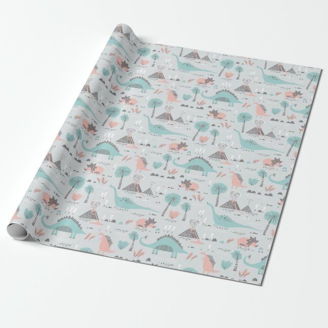 Cute Pastel Dinosaur Pattern Wrapping Paper (Unrolled)
