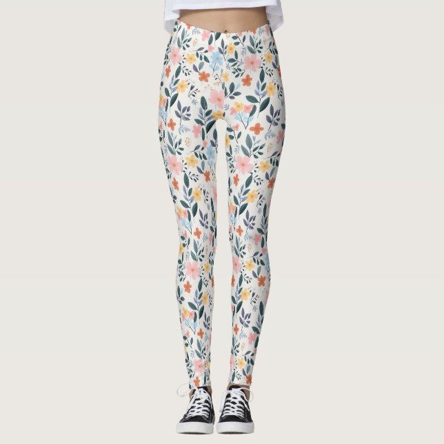 Cute Pastel Ditsy Boho Wildflower Meadow Leggings (Front)