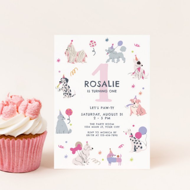 Cute Pastel Dog Girls First Birthday Invitation (Cute Pastel Dog Birthday Invite)