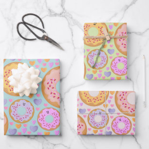 Cute Pastel Donuts & Hearts Wrapping Paper Sheet