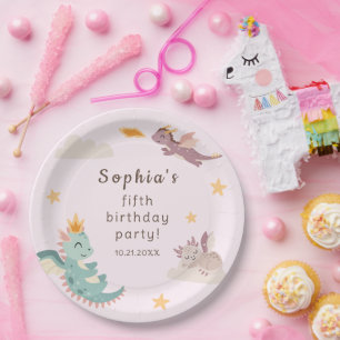 Cute Pastel Dragon Kids Birthday Party Paper Plate