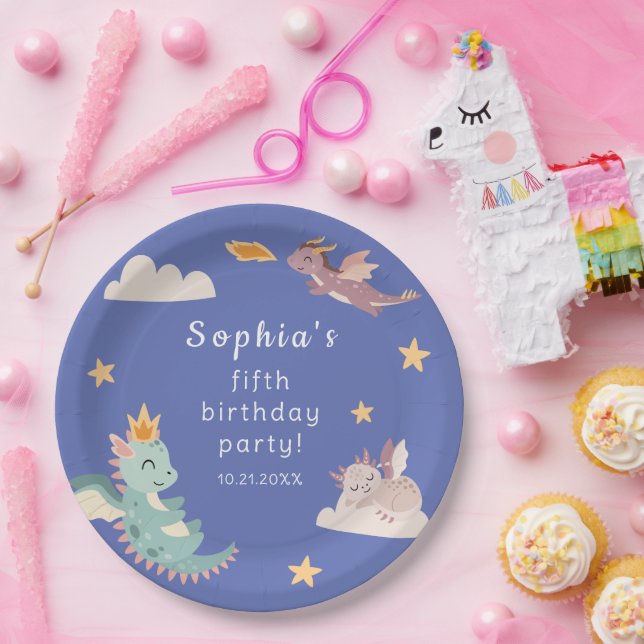 Cute Pastel Dragon Kids Birthday Party  Paper Plate (Party)