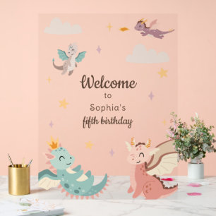 Cute Pastel Dragons Kids Birthday Party Acrylic Sign