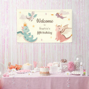 Cute Pastel Dragons Kids Birthday Party Banner