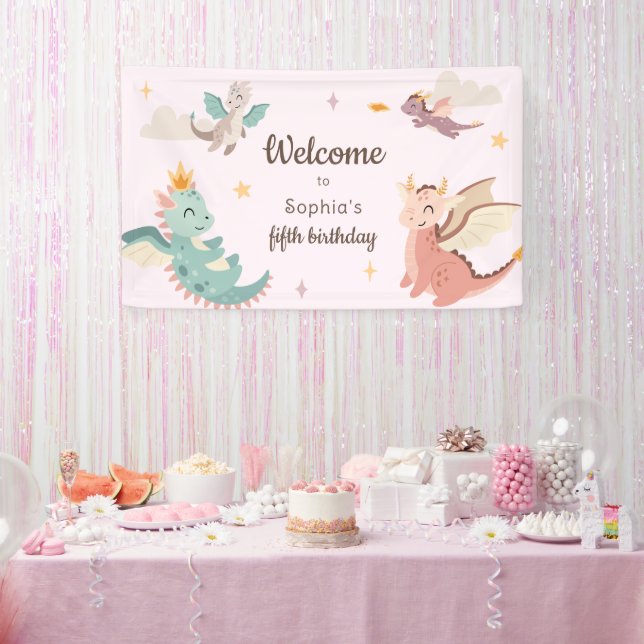 Cute Pastel Dragons Kids Birthday Party Banner (Party)
