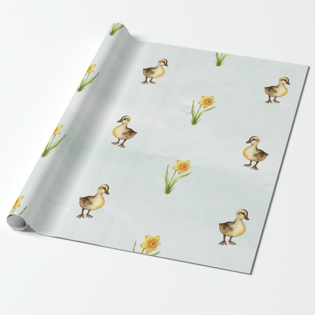 Cute Pastel Ducks and Daffodils Wrapping Paper (Unrolled)