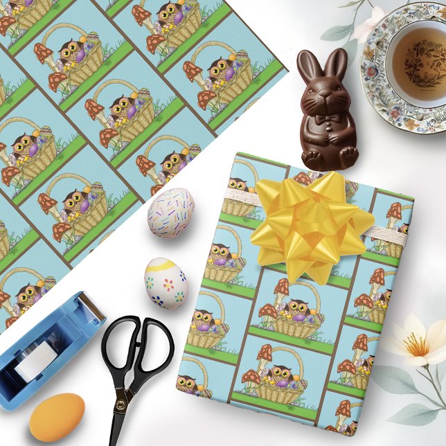 Cute Pastel Easter Basket Owl Eggs Mushrooms Wrapping Paper (Creator Uploaded)