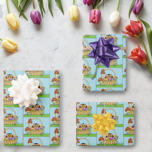 Cute Pastel Easter Basket Owl Eggs Mushrooms Wrapping Paper Sheet