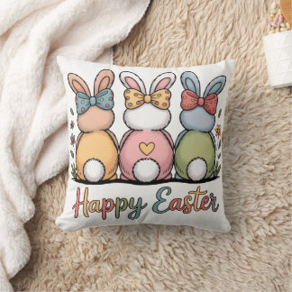 Cute Pastel Easter Bunnies | Whimsical Floral Happ Cushion