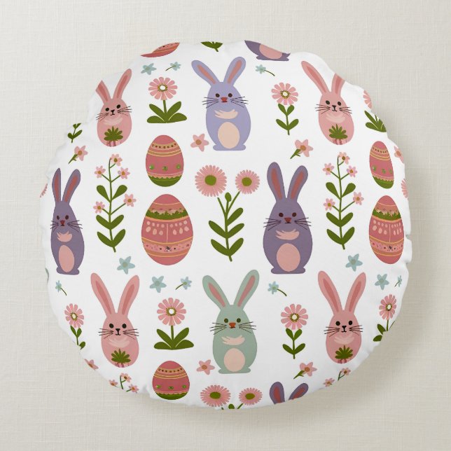 Cute Pastel Easter Bunny and Egg Seamless Pattern Round Cushion (Front)