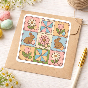 Cute Pastel Easter Bunny Flower Patchwork Square Sticker