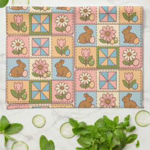 Cute Pastel Easter Bunny Flower Patchwork  Tea Towel